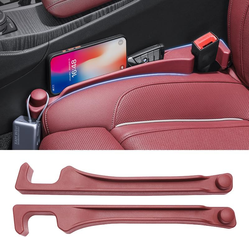 Car Seat Gap Filler 2 Pack with 180° Flip Design - Premium TPE Seat Console Organizer with Storage Box - Universal Fit for Car SUV Truck - Anti-Drop Crevice Blocker (Burgundy)