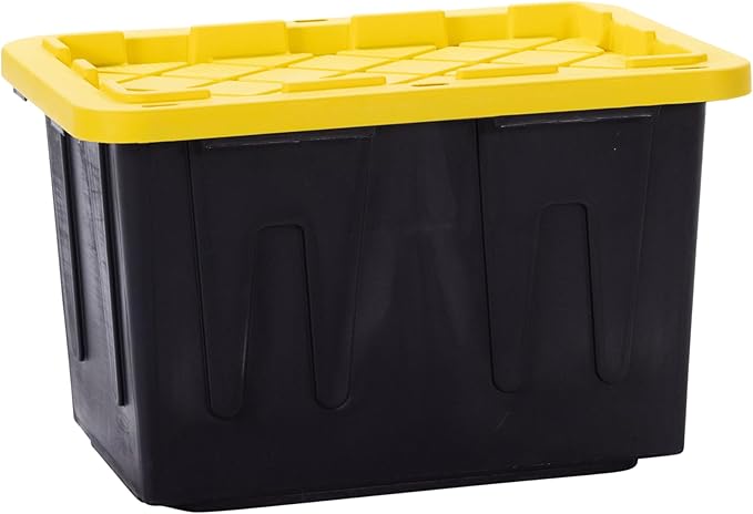 Plastic 23-Gallon Storage Tote with Lockable Lid, Stackable Tough Regular-Duty Bin for Garage, Tools, and Home Organization (2-Pack) - Black and Yellow
