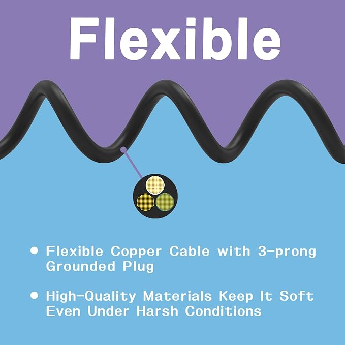Extension Cord 6 FT, Outdoor 16/3 SJTW Weatherproof Black Electrical Cords, 13 AMP 3 Prong Power Cable Great for Garden, Landscaping & Holiday Decorations