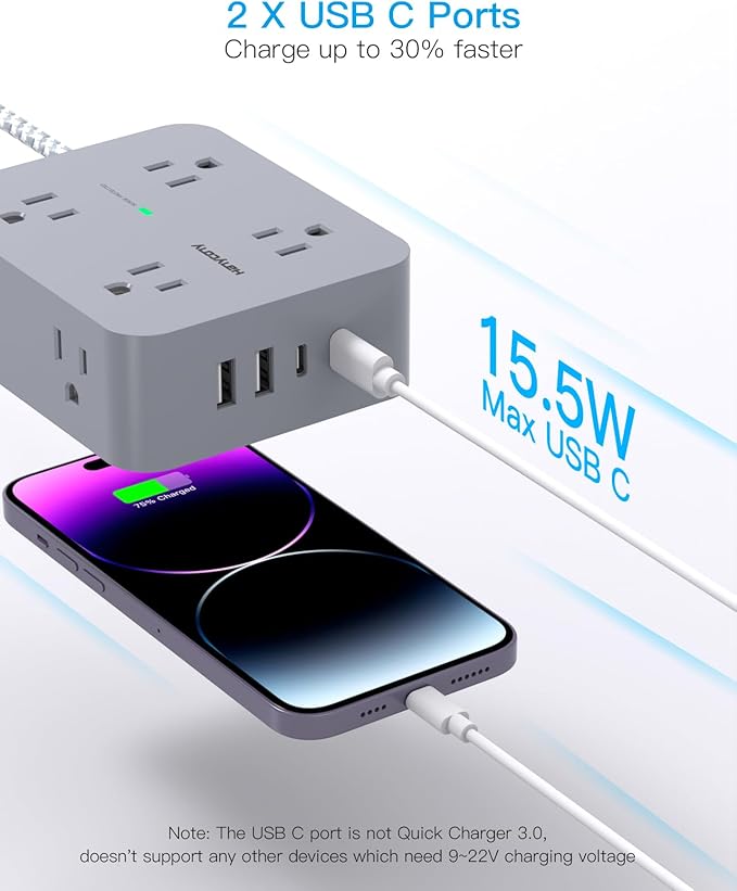 Extension Cord 6 Feet, HANYCONY Surge Protector Power Strip with 2 USB C Ports, 8 Outlets Extender with Flat Plug, Multi Plug Oulet for College Dorm Room Essentials