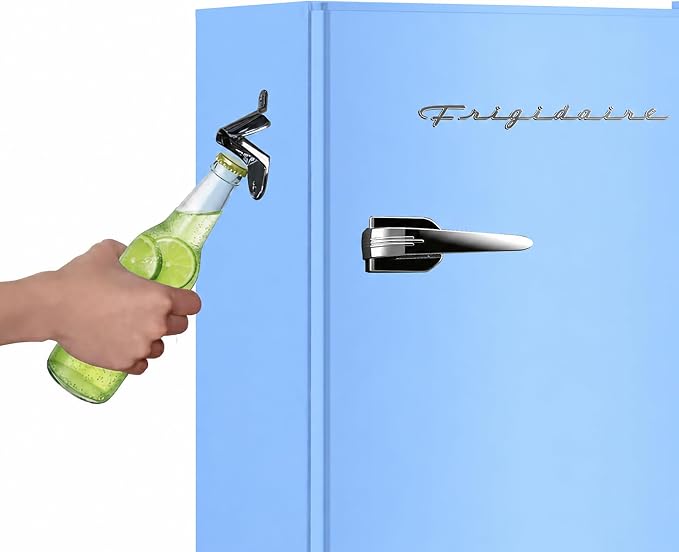 Frigidaire Retro Compact Fridge with Chiller, 3.2 cu ft Countertop Fridge with Built-In Bottle Opener, Compact Refrigerator for Office, Bedroom, Dorm Room or Cabin - 16.5" D x 19" W x 31" H (Blue)