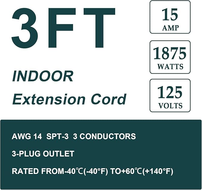 EP 3 Ft Heavy Duty Appliance Extension Cord - 14 Gauge 3 Prong Grounded Cable Wire, Ideal for Air Conditioners, Refrigerators, Microwaves, Washing Machines & More - Indoor Use, Gray