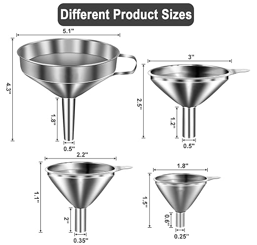 Stainless Steel Funnels for Kitchen use,4PCS Kitchen Metal Funnel with 2 Removable Strainer,Cleaning Brush.Funnel for Filling Bottles,for Transferring of Liquid,Oils,Jam (5.1",3",2.2",1.8")