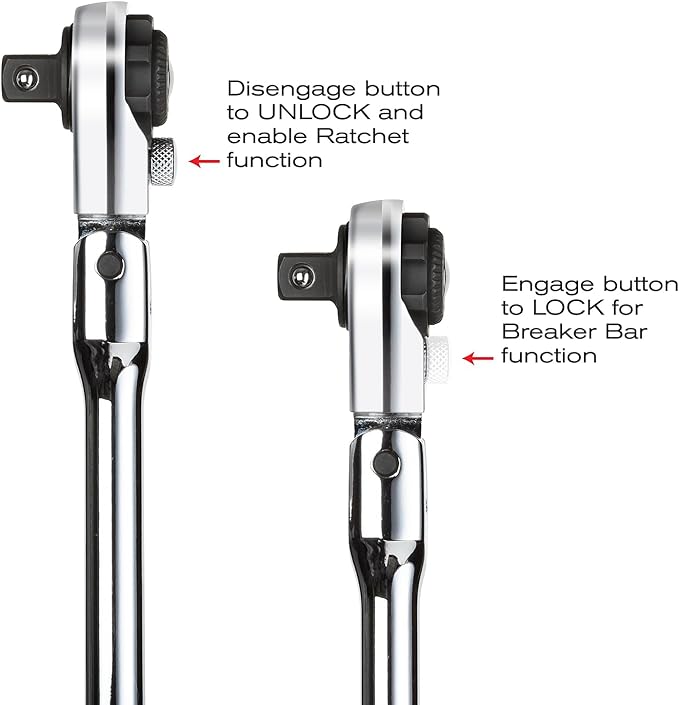 Steel Vision [Made in Taiwan 2-in-1 Flex Head Ratchet/Breaker Bar 3/8" Dr., Fine 72-Tooth 5 degree arc swing to turn fasteners, Extra Long Ratchet,18" Length