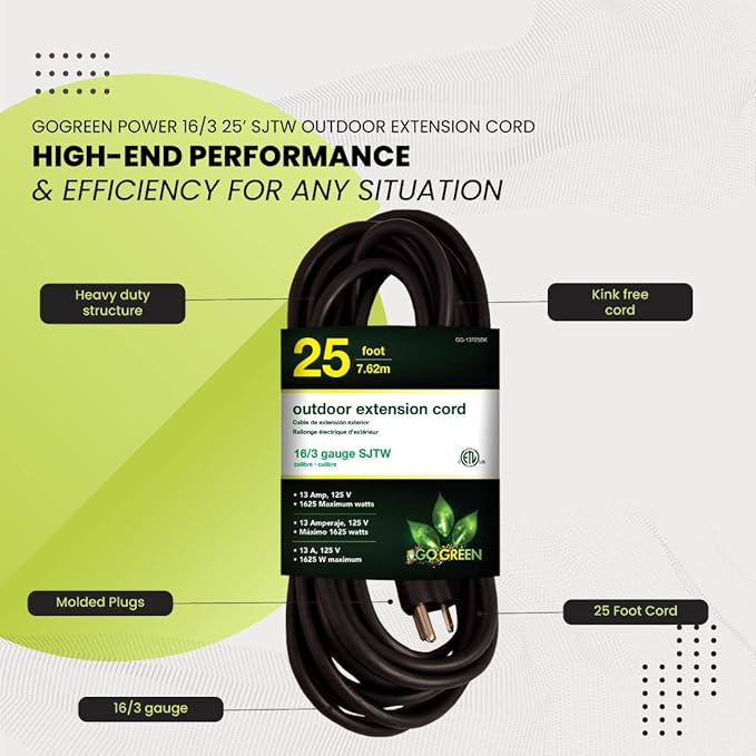 Go Green Power Inc. 16/3 25ft Black Outdoor Extension Cord - Reliable, Heavy Duty - Ideal for Outdoor Tools & Equipment - GG-13725BK