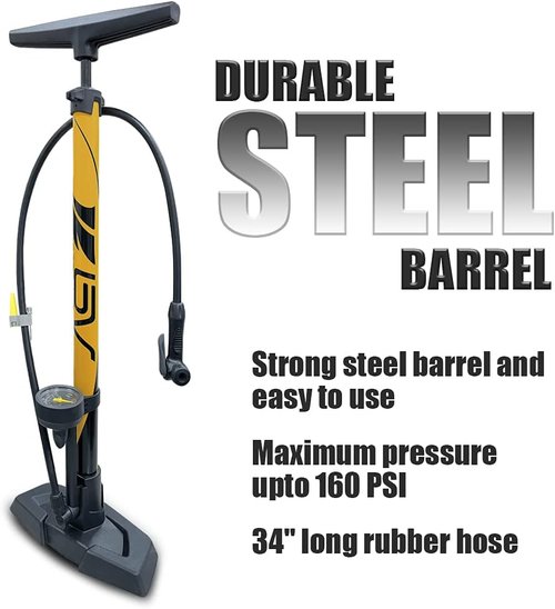 BV Bicycle Pump - Durable Floor Pump with Smart Valve Head | 160 PSI, Automatically Reversible Presta & Schrader, 17/24 Inch