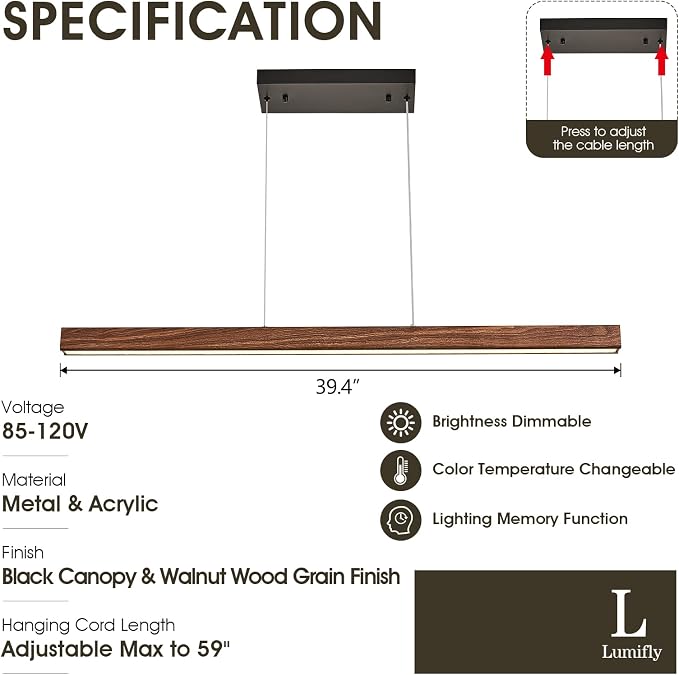 Linear Pendant Light 39 Inches Wood Grin Finish Island Light Modern LED Hanging