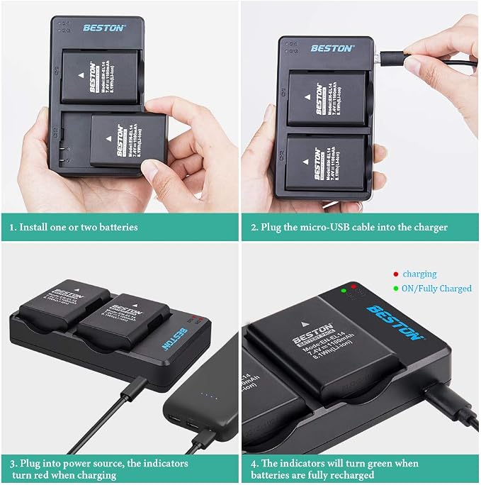 BESTON 2-Pack EN-EL14 / EN-EL14a Battery Packs and Rapid USB Charger Compatible