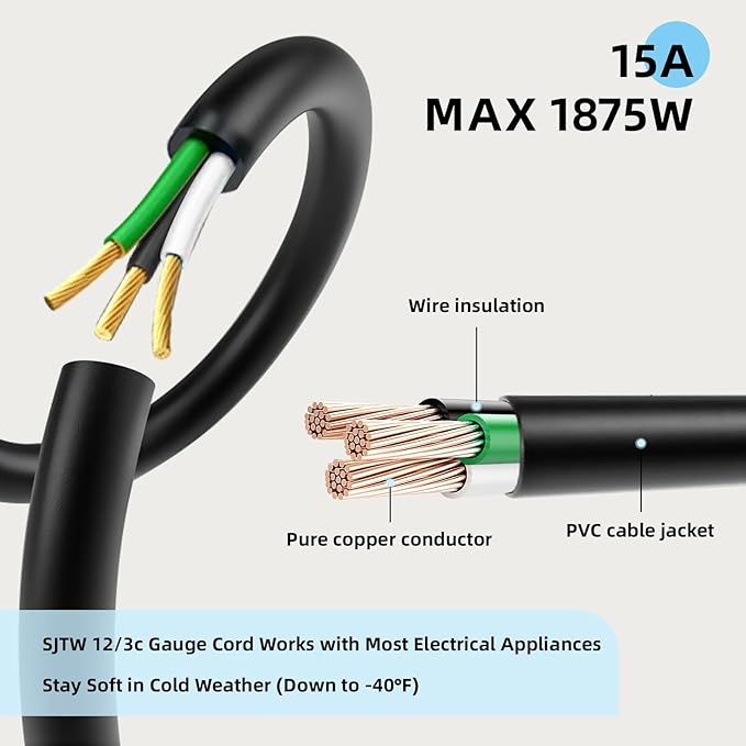 EP 15 Ft Outdoor Extension Cord - 12/3 SJTW Heavy Duty Black Extension Cable with 3 Prong Grounded Plug - Power Cord for Lawn, Garden, Appliances