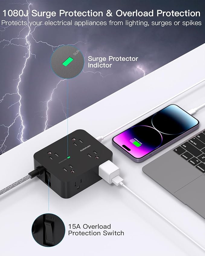 Extension Cord 6 Ft, HANYCONY Surge Protector Power Strip Long Cord 8 Outlets 4 USB Ports(2 USB C), Wall Mount, 1080J Surge Protection, Desk Charging Station for for Home Office Dorm Room Essentials
