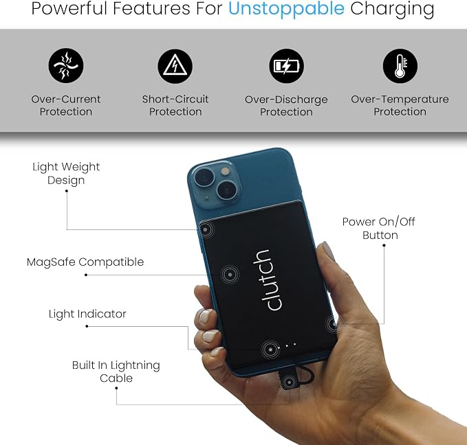 Clutch Pro – World's Thinnest iPhone Charger – Portable Power Bank 5000mAh – Magnetic Built-in Lightning Cable – TSA Approved Travel Charger – iPhone 14 & Earlier – Black