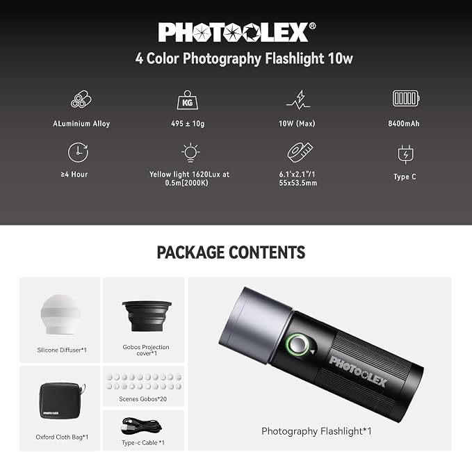 PHOTOOLEX RGB Photography Flashlight, 10W Portable Fill Light, 8400mAh/4