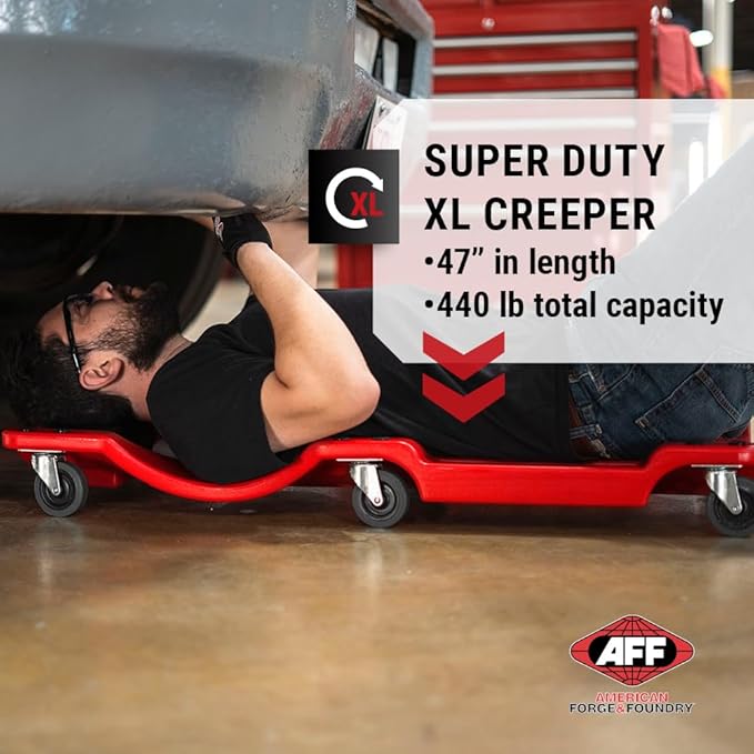 AFF XL Mechanic's Creeper - 47" Length Ergonomic Creeper with Padded Headrest & Magnetic Tool Trays - Super Duty