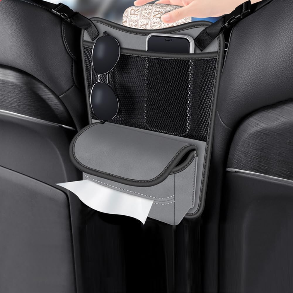 Car Purse Holder Between Seats Car Organizer, Leather Large Capacity Car Handbag Holder for Front Seat, Seat Back Net Bag Double-sided Tissue Storage Handbag Holder Car Accessories (Black)
