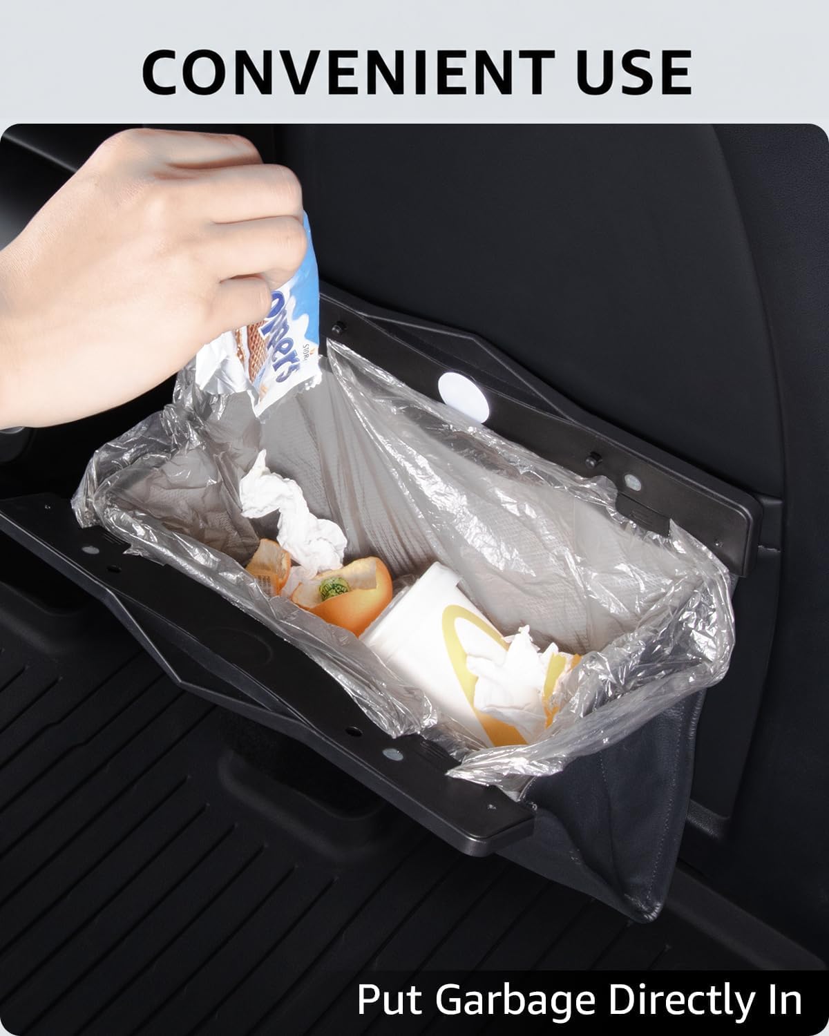 Motrobe Trash Can for Tesla Model 3 2017-2023 Garbage Bag [Strong Magnetic Buckle] with LED Light 1PCS Backseat Hanging Garbage Bin Waterproof Faux Leather Model 3 Interior Accessories 2.5 Gallons
