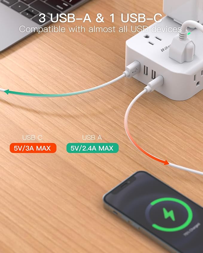 Power Strip Surge Protector - Flat Plug, 8 Wide Outlets with 4 USB Ports (1 USB C), 5FT Heavy Duty Extension Cord with Multiple Outlets, Wall Mount, Charging Station Overload Protection for Home Dorm