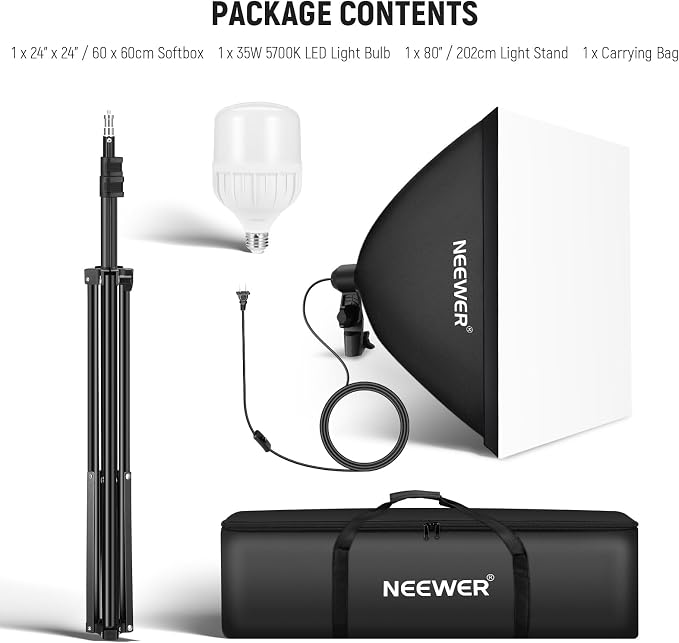 NEEWER 350W Equivalent Softbox Lighting Kit, 5700K LED Light Bulb, 24x24 inches