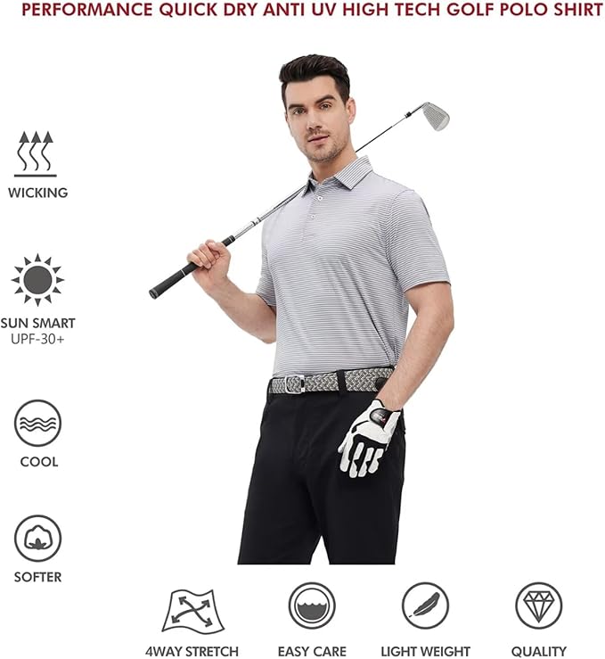 Men's Golf Polo Shirts Short Sleeve Striped Performance Moisture Wicking Dry Fit Golf Shirts for Men