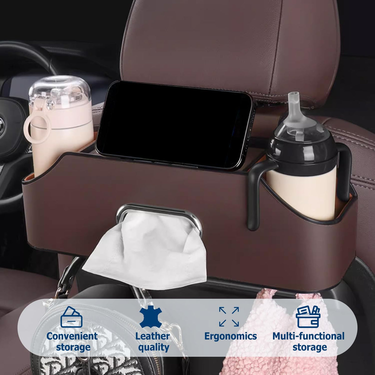 4-in-1 Car Backseat Organizer, 2026 New Car Seat Back Storage Box, Multifunctional Car Back Seat Storage Organizer with Cup Holders, Tissue Box Slot, Hooks to Keep Your Ride Clean & Organized (Brown)