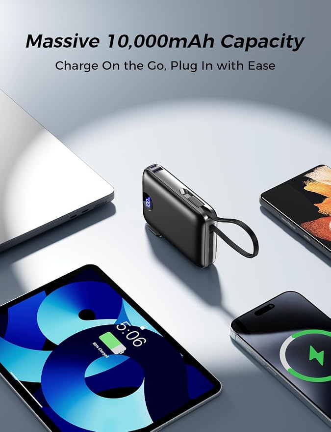 Portable Charger with Built-in Cables & Wall Plug, 10000mAh Power Bank, 4 Outputs 22.5W USB C Fast Charging, Slim Travel Battery Pack with LED Display for iPhone 17/16/15/14, Black