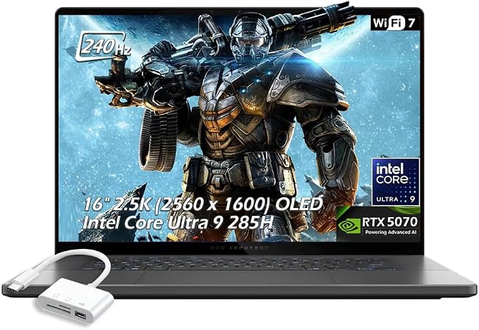 ASUS ROG Zephyrus G16 16" 2.5K OLED 240Hz Gaming Laptop, Intel Core Ultra 9 285H, RTX5070, 16GB LPDDR5X 2TB SSD, Wi-Fi7, Backlit KB, Win11, Thunderbolt4, Eclipse Gray, w/USB Hub, W/GaLiMu
