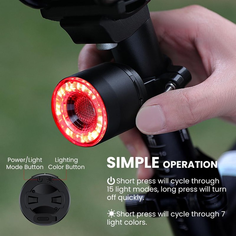 WSDCAM Smart Bike Tail Light with 7 Colors 15 Modes, Auto ON/OFF Colorful Bike Lights for Night Riding, Ultra Bright Brake Light Rechargeable Bicycle Rear Lights, Waterproof Cycling Safety Accessories