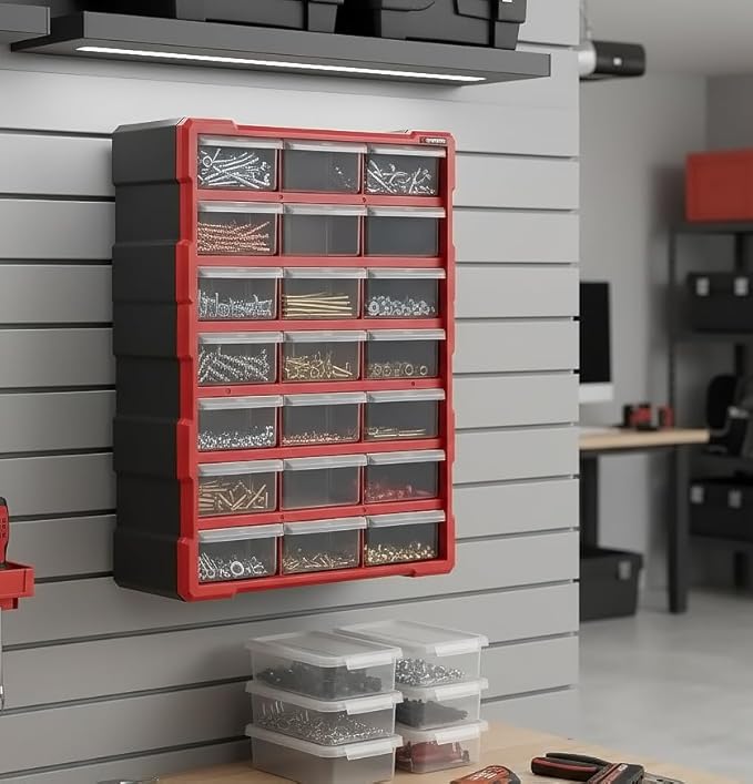INTERTOOL Small Parts Organizer for Hardware & Screws | 18 Removable Bins with Dividers | Wall Mount or Desktop Craft & Lego Storage Cabinet | 19” x 15” x 7” BX08-4019