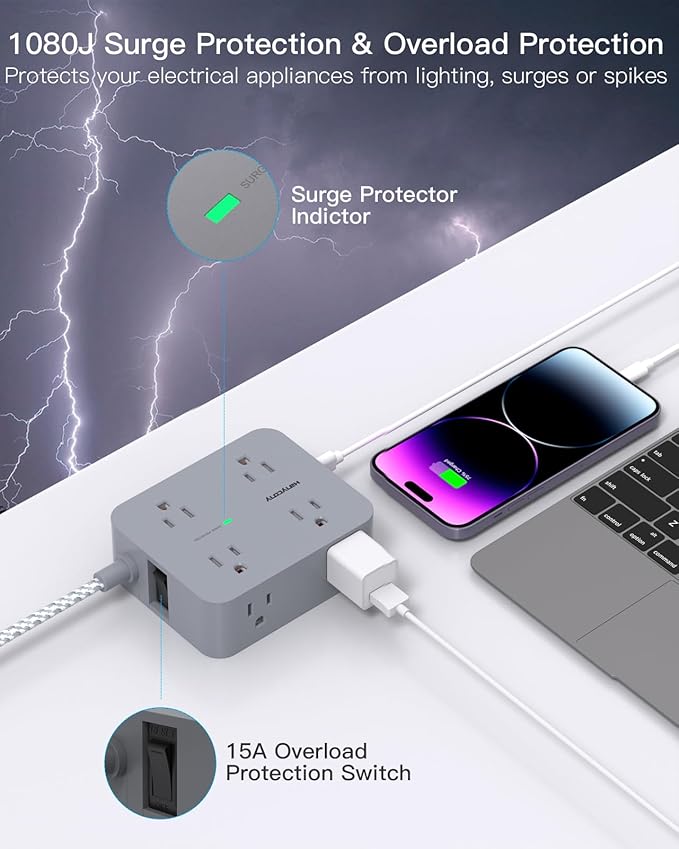 Extension Cord 6 Feet, HANYCONY Surge Protector Power Strip with 2 USB C Ports, 8 Outlets Extender with Flat Plug, Multi Plug Oulet for College Dorm Room Essentials