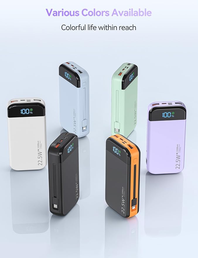 Portable Charger Power Bank Built-in Cables, 32000mAh 22.5W USB C Fast Charging, 5 Outputs 3 Inputs Travel Essentials Battery Pack Compatible with iPhone, iPad, Samsung, Google Pixel, Purple