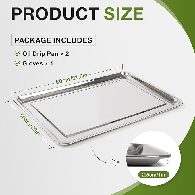 Oil Drip Pan Set – 2pcs Large 31.5 × 19.7 × 1 in Stainless Steel Pans with Gloves – Heavy Duty 410 Oil Drip Pans to Keep Floors Clean for Under Car & Garage Use