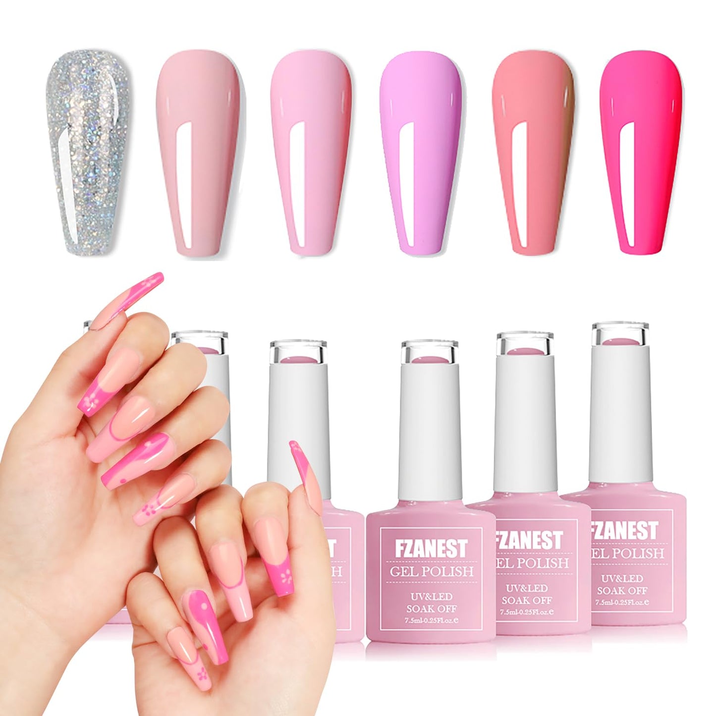 Fzanest Gel Nail Polish Set,Ligh Pink Neon Pink Sliver Glitter Gel Polish Nail Kit Soak Off Nail Polish Home Diy Manicure Nail S