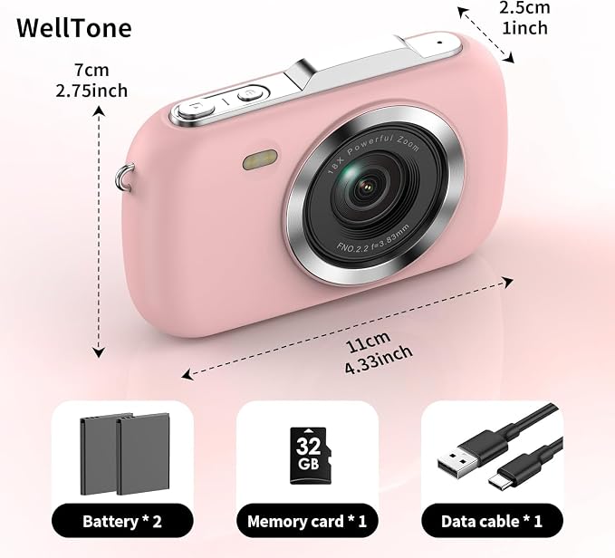 WellTone Digital Camera Kids 4K Video 64MP Photography Cameras, Compact 18X