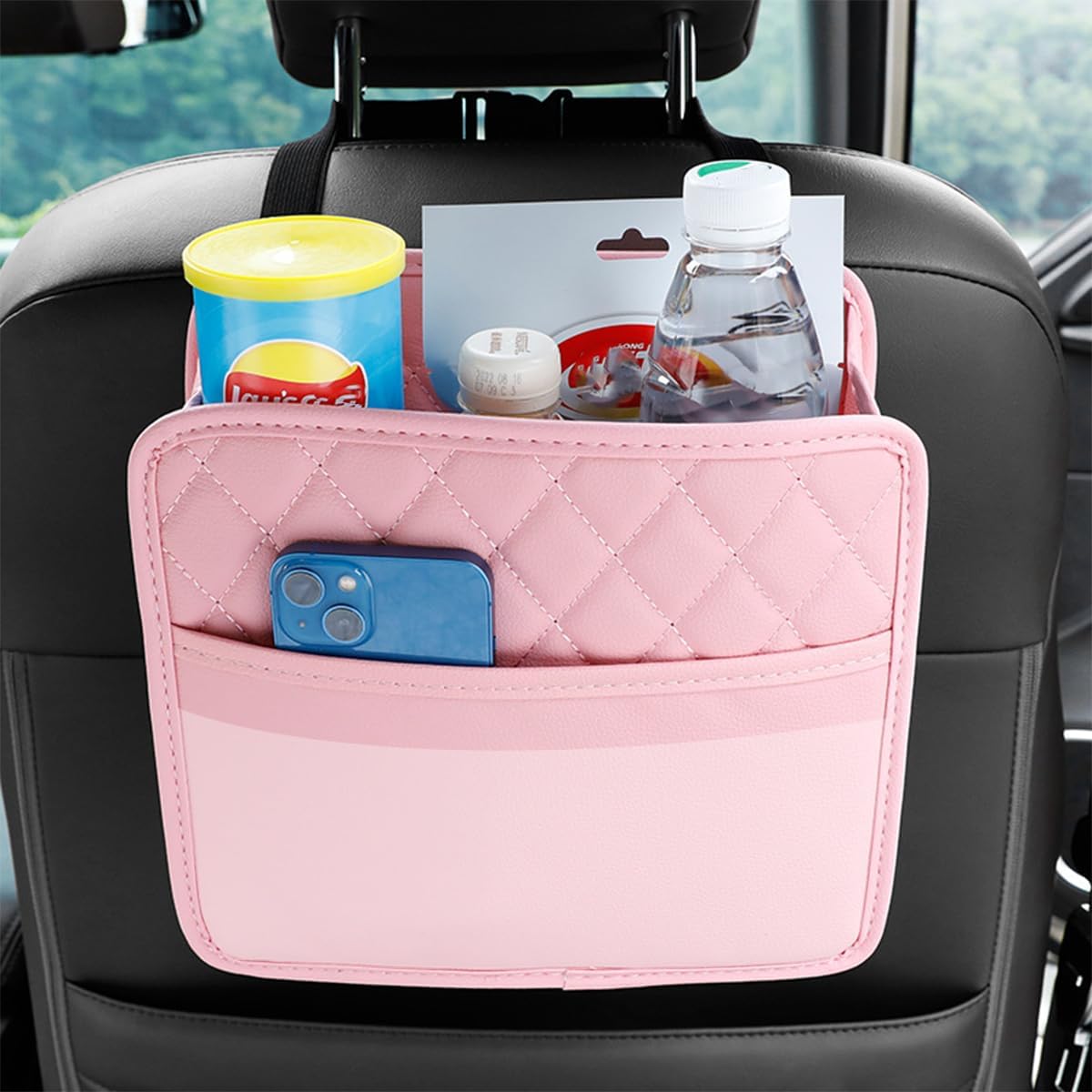 Car Seat Back Organizer, Leather Multipurpose Collapsible Vehicle Backseat Hanging Bag, Portable Automotive Interior Seat Storage Organizer, Universal for SUV RV Truck (Pink)