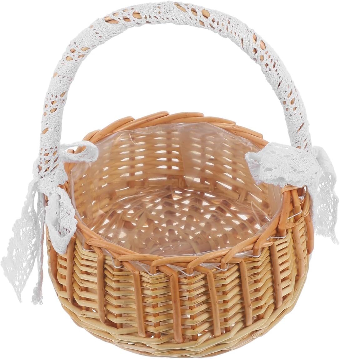 Cabilock Jacquard Woven Wicker Flower Girl Basket with Single Handle 10.23X7.87X7.87 Inch Portable Rattan Basket for Easter Party Ceremony Home Decor
