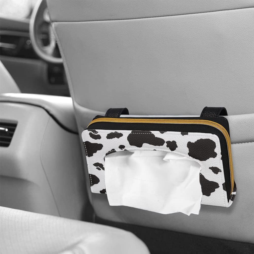 Biyejit Car Tissue Holder - Black and White Cow Print Sun Visor Napkin Holder, PU Leather Backseat Tissue case Holder
