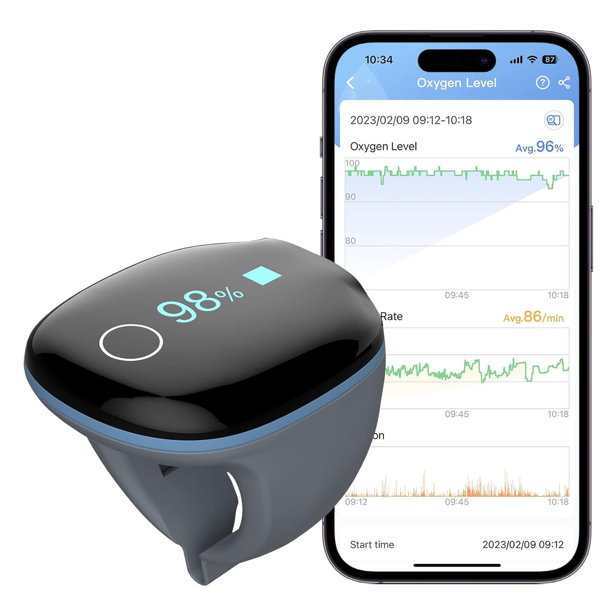Wellue O2Ring Pulse Oximeter - Bluetooth Rechargeable Oxygen Monitor with Continuous Tracking & Free App