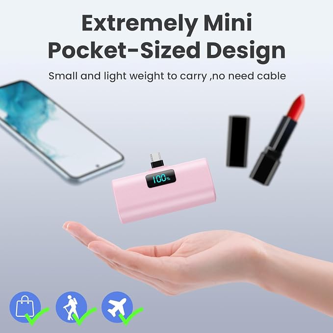 [2-Pack]Portable Charger for iPhone 17/16/15 Series,Upgraded 5200mAh PD USB C Power Bank Built-in USB-C Connector, Battery Pack Compatible with iPhone 17/17 Pro Max/16/15,Samsung,Android (Black+Pink)