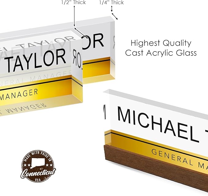 Artblox Personalized Office Desk Name Plate with Business Card Holder | Clear Acrylic Glass with Teak Wood Stand | Gold Stripe Design Customized with Your Name and Credentials Office Desk Décor