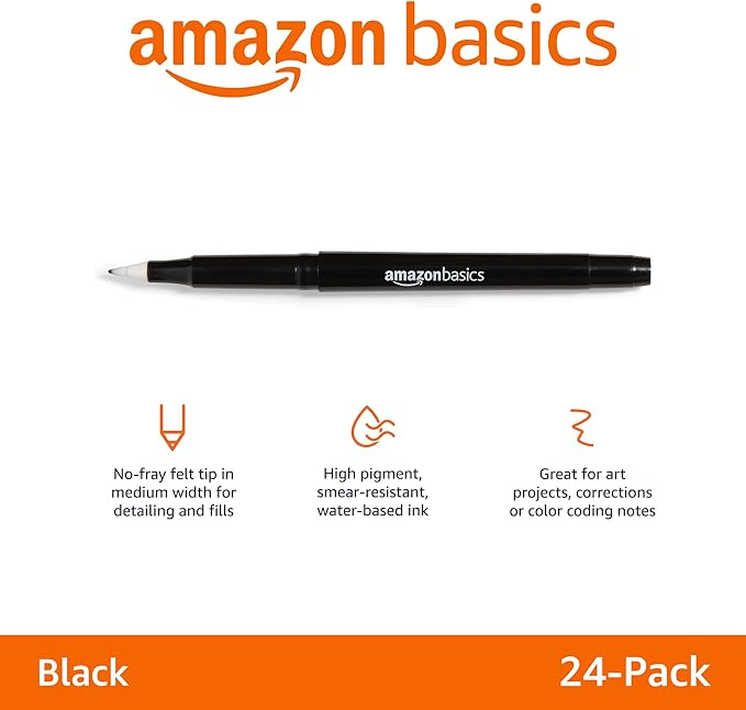 Amazon Basics Felt Tip Marker Pens, Versatile for Writing, Drawing, and Journaling, Black, 24-Pack