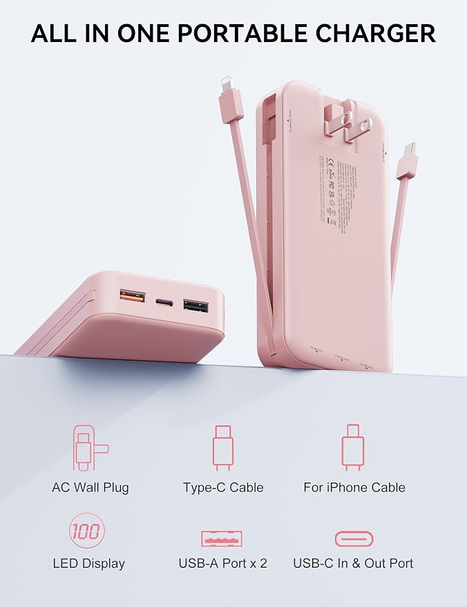 Portable Charger, 20000mAh 22.5W Fast Charging Power Bank with Built-in Cables & Wall Plug, USB C External Battery Pack with LED Display, Travel Essentials Phone Charger for iPhone iPad Samsung Pink