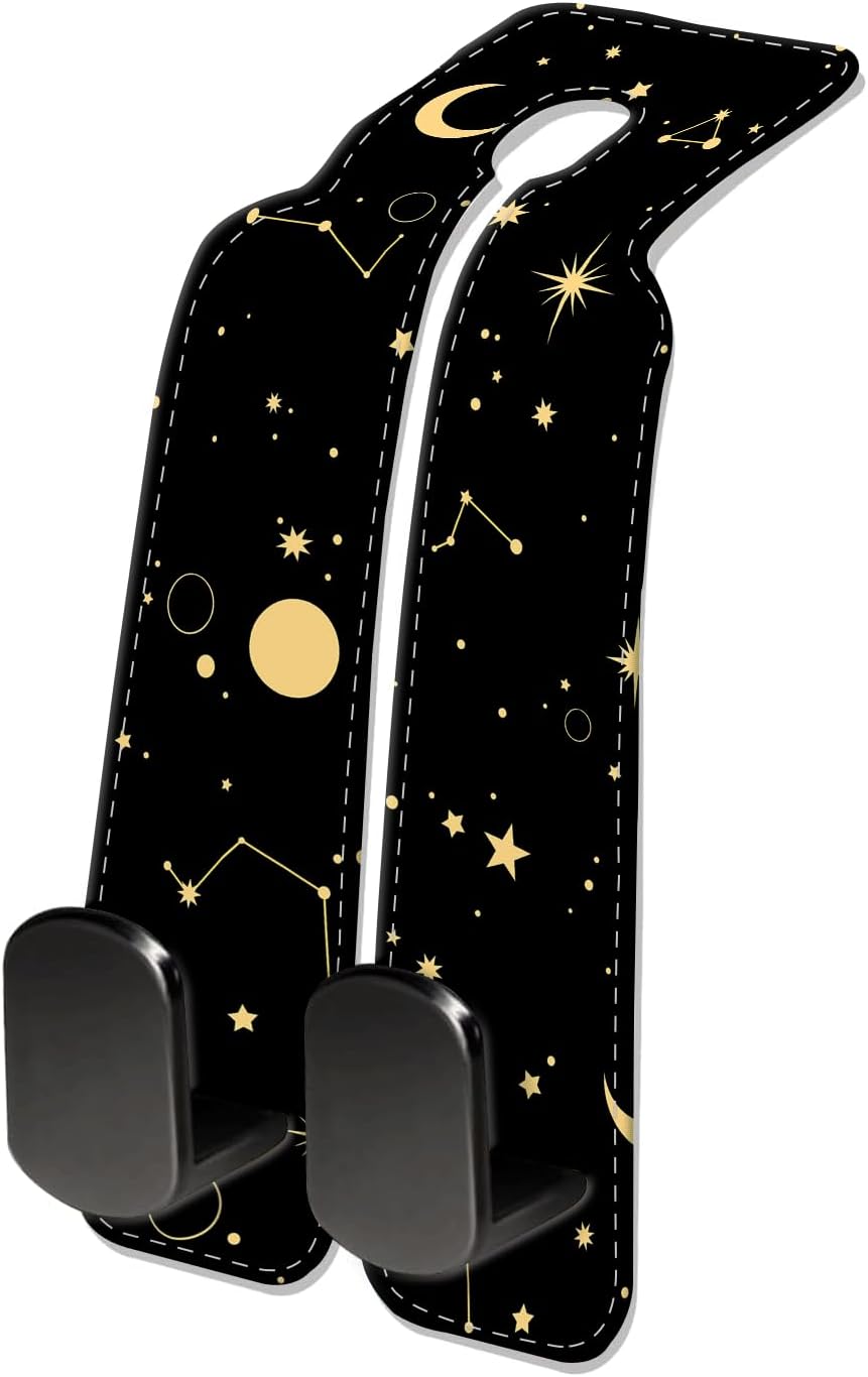 Car Seat Headrest Hook, Universal Leather Cute Hanger Holder Hook, Storage Organizer Interior Accessories for Purse Bags Handbag Black Yellow Sun Moon