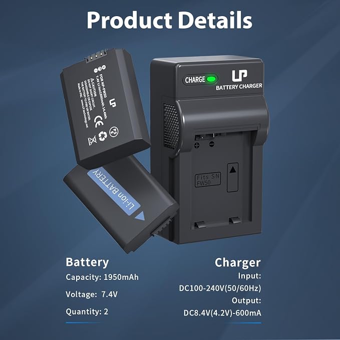 LP NP-FW50 Battery Charger Pack, 1950mAh 2-Pack Battery Compatible