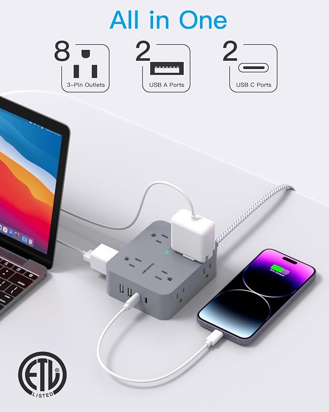 Extension Cord 6 Feet, HANYCONY Surge Protector Power Strip with 2 USB C Ports, 8 Outlets Extender with Flat Plug, Multi Plug Oulet for College Dorm Room Essentials