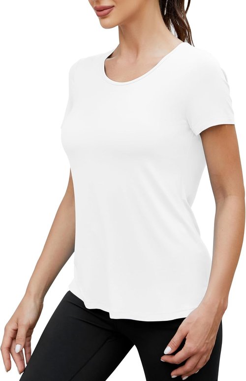 Mippo Open Back Workout Tops for Women - Soft Short Sleeve Athletic Yoga T-Shirts