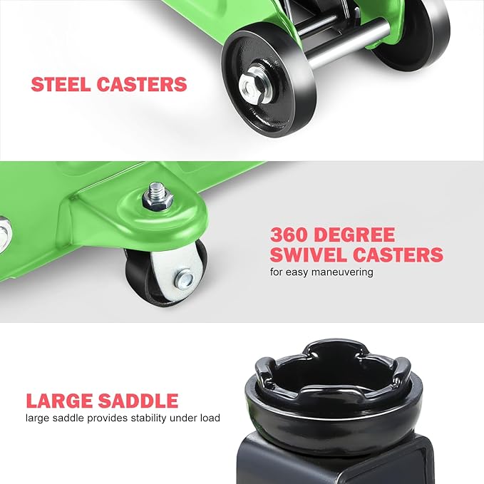PM PERFORMOTOR Low Profile Hydraulic Trolley Service/Floor Jack, 1.5 Ton (3000 lbs) Capacity, Lifting Range 5.3"-12",Green,PM-TOL-FJ15-GR