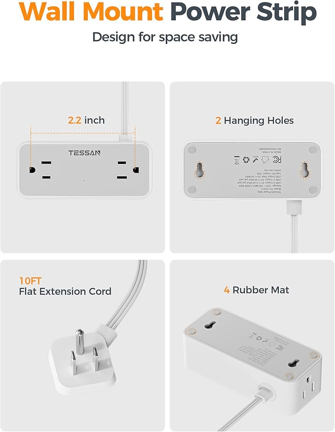 TESSAN Flat Plug Extension Cord 10 FT, Surge Protector Power Strip with 4 AC Outlets 1 USB C and 2 USB A Ports, 900 Joules Protection, Multiple Wall Outlet Extender Suitable for Office Dorm, Grey