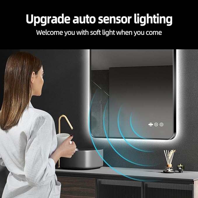 30 x 36 Black LED Bathroom Mirror, Metal Framed Rounded Corner Rectangle Backlit Mirror Bathroom, Anti-Fog, 3-Color Stepless Dimmable Lighted Mirror, Motion Sensor Lights, Memory Function