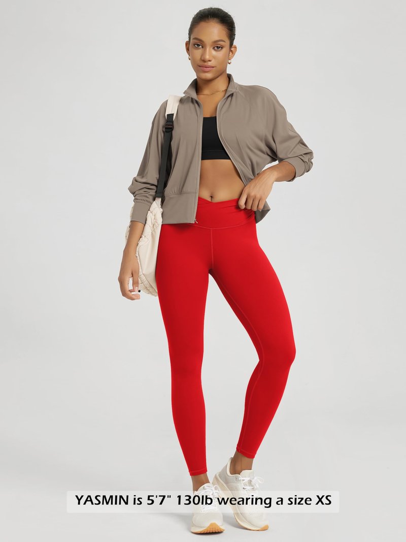 ODODOS Women's Cross Waist 7/8 Yoga Leggings with Inner Pocket, Inseam 25" Gathered Crossover Workout Yoga Pants, Red, Large
