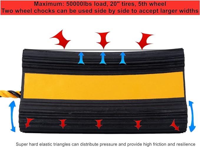 Wheel Chocks Rubber Heavy Duty Trailer Wheel Chocks with Yellow Reflective Visibility Tape and Yellow Nylon Rope 8.27" x 4.53" x 3.94" (Comes with Spare Yellow Reflective Strip)