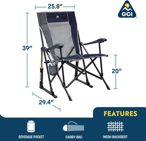GCI Outdoor RoadTrip Rocker Camping Chair - Portable Folding Rocking Chair with Drink Holder & Comfortable Backrest - Indigo Blue